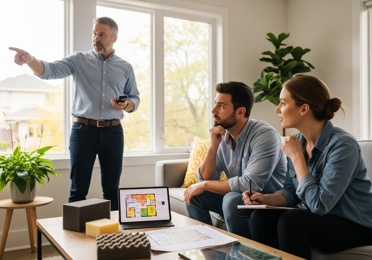 Soundproofing expert presenting noise-control solutions to homeowners during an in-home consultation.